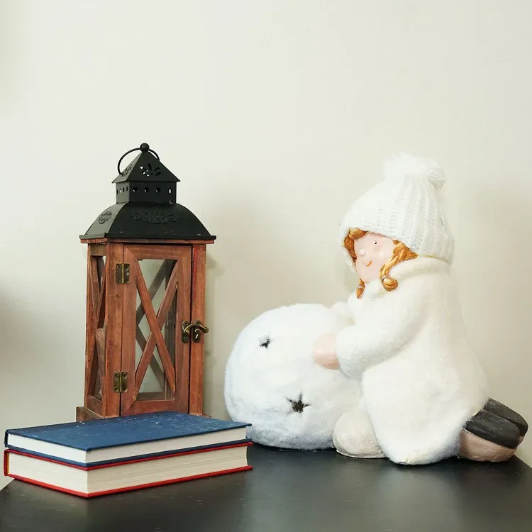 12.5" White Tealight Snowball with Kneeling Girl Christmas Candle Holder
