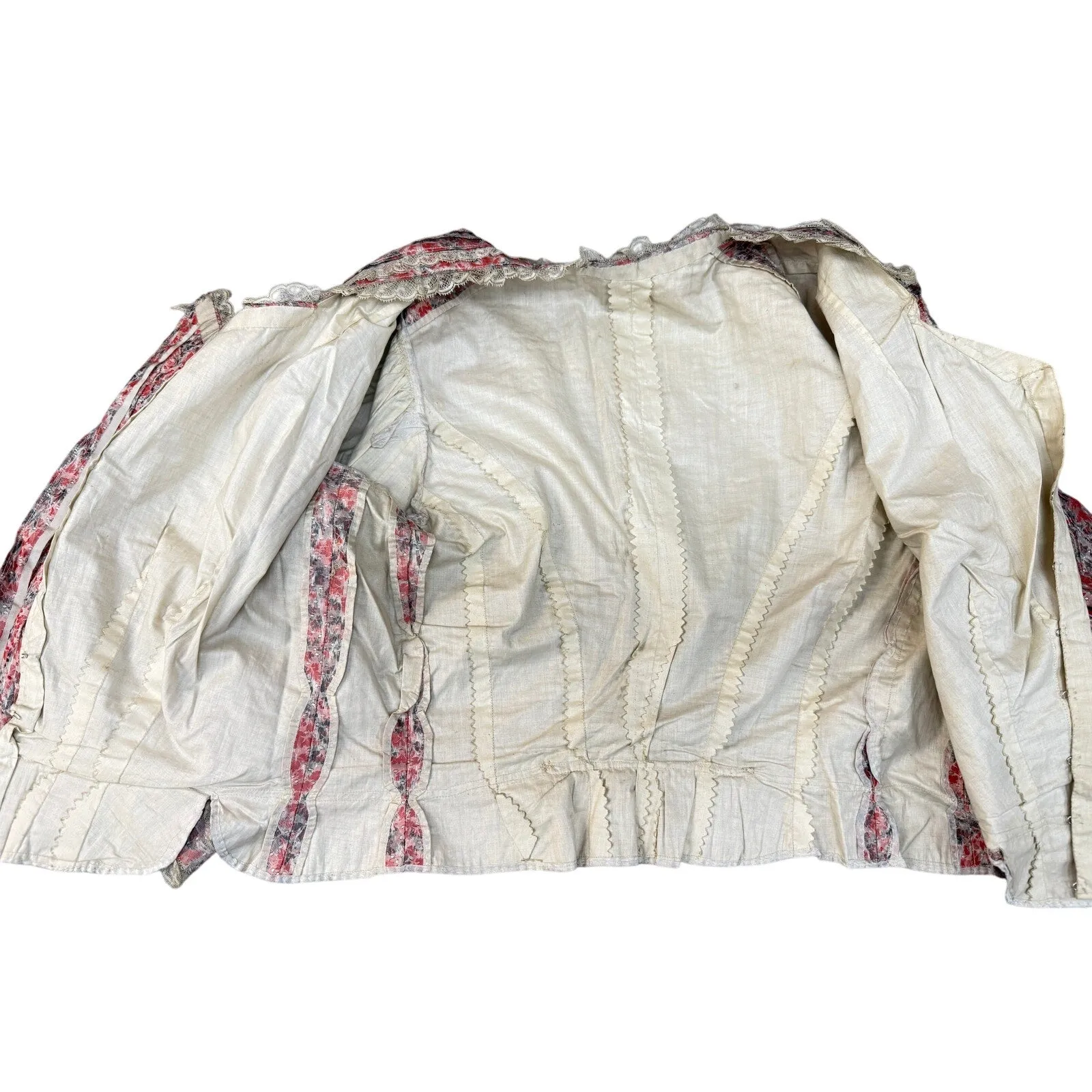 Antique Victorian Bustle Skirt & Bodice Grey Coral Silk Floral RARE Size LARGE