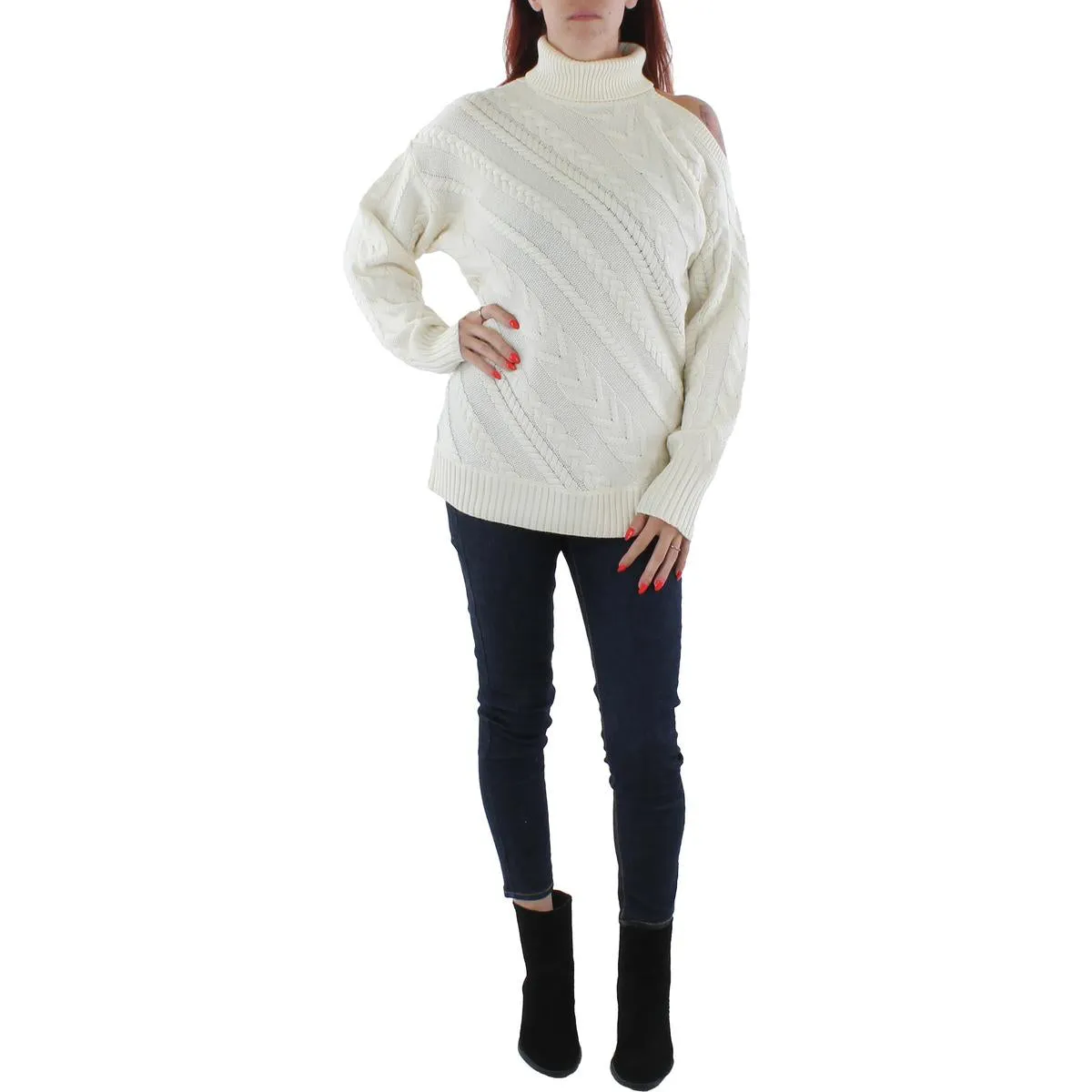BCBGMAXAZRIA Women's Cable Knit Cold Shoulder Wool Blend Turtleneck Sweater
