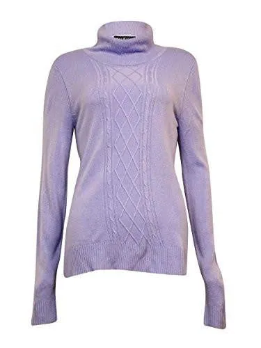 Cable Knit Long Sleeves Turtleneck Sweater Purple M