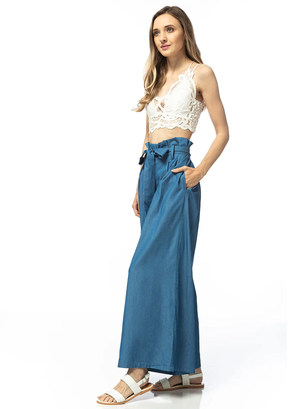 Chambray Tie Wide-Leg Palazzo Jeans