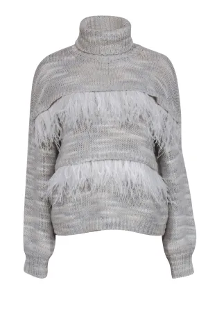 Cinq a Sept - Tan & Gray Turtleneck Sweater w/ Feathers Sz S