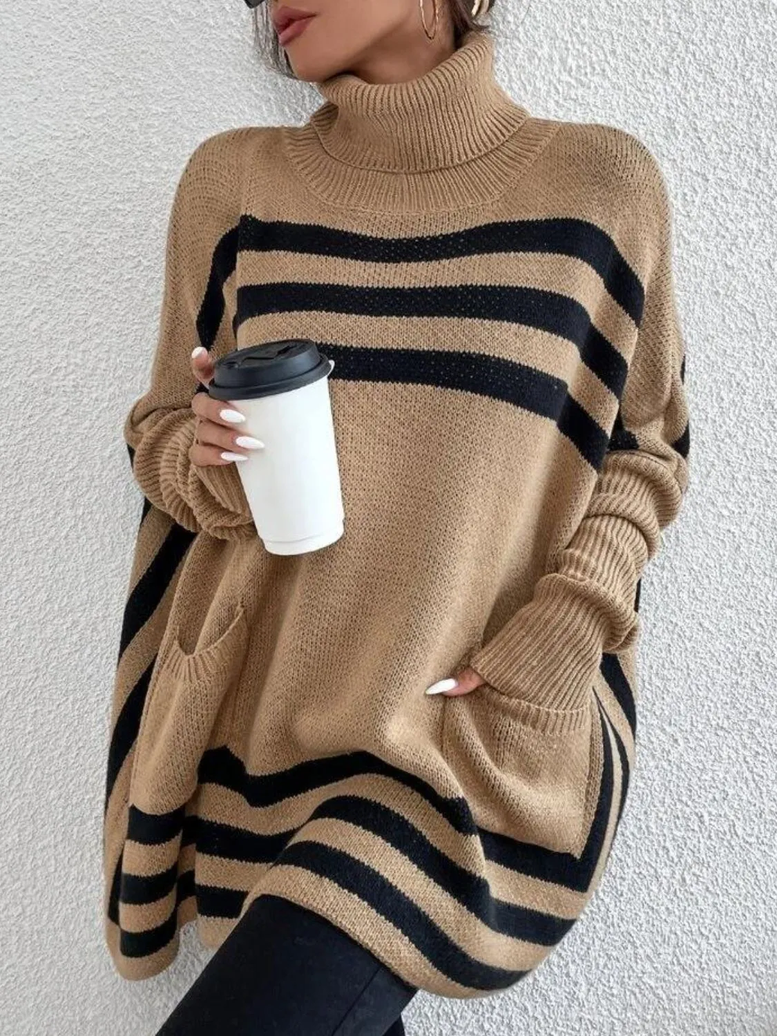 Explore More Collection - Striped Turtleneck Batwing Sleeve Sweater with Pockets