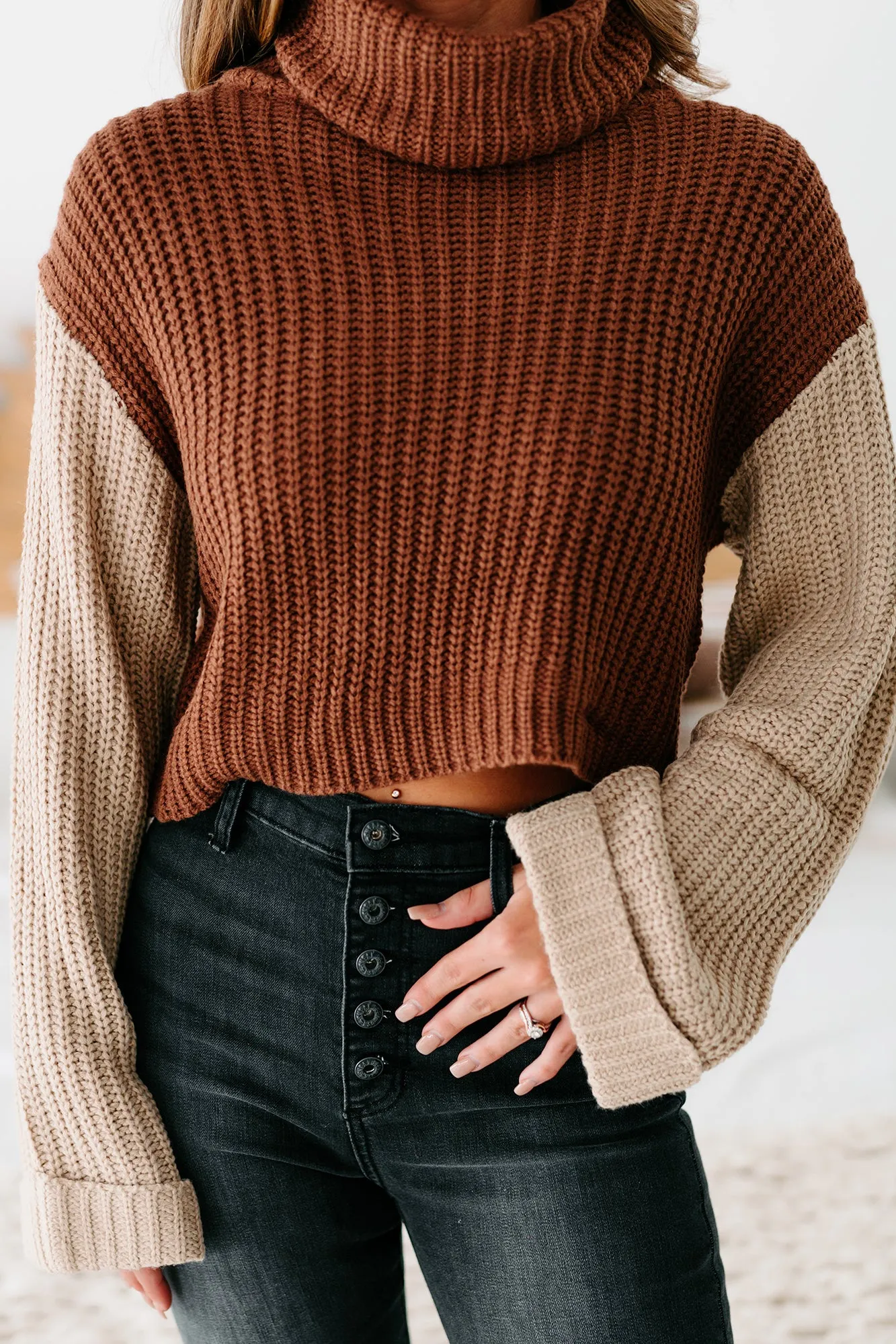 Getting Reacquainted Turtle Neck Color Block Sweater (Camel/ Taupe)