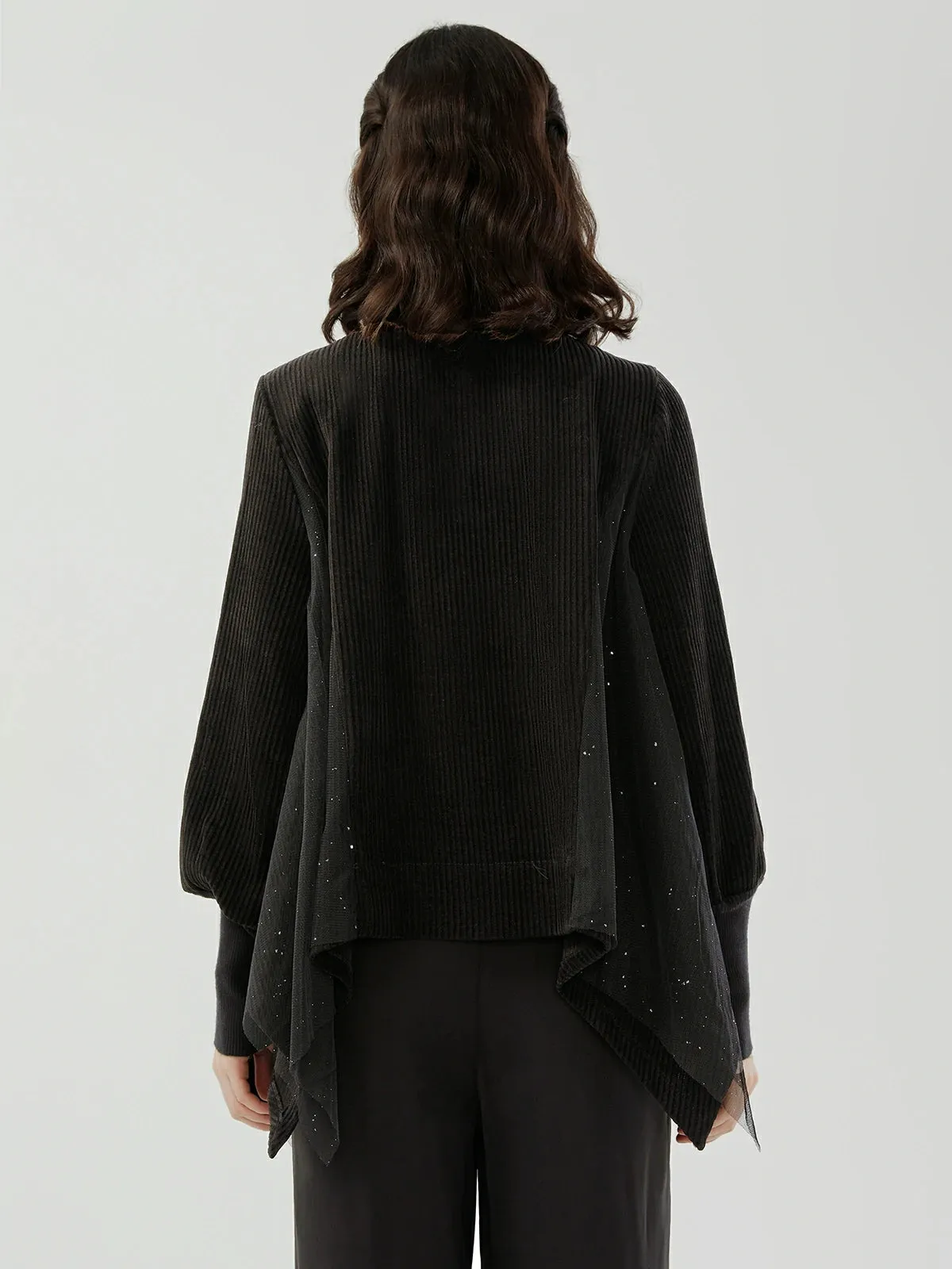 Irregular High-Neck Mesh Spliced Sweater