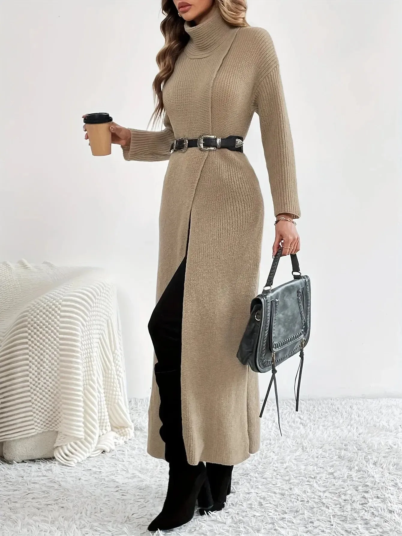 Knit Turtleneck Split Hem Maxi Dress