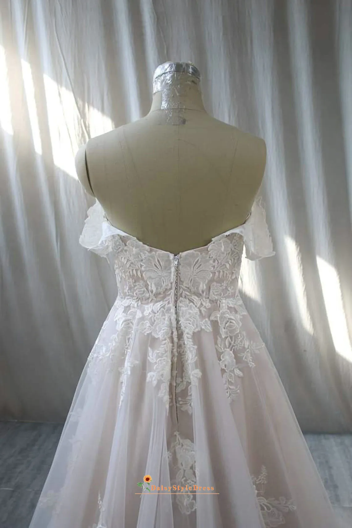 Off Shoulder Sleeve Lace Blush Wedding Dress