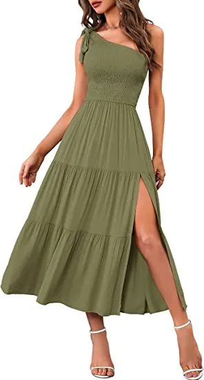 One-shoulder Pleated Layered Hem Dress