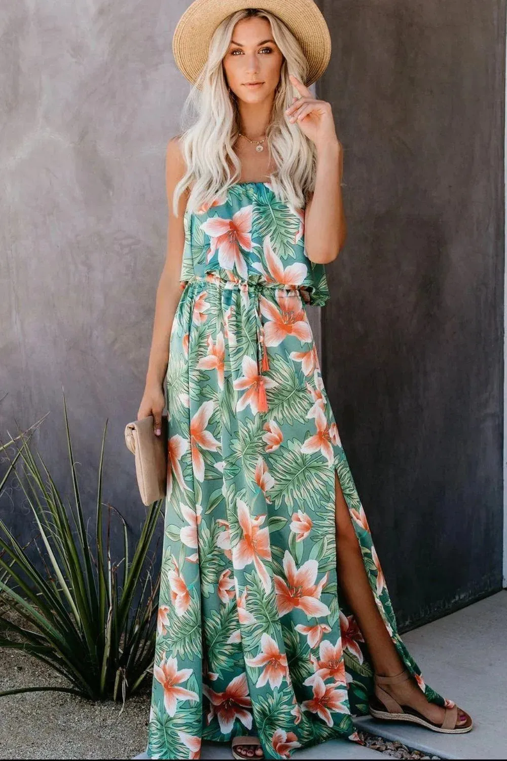 Slit Tropical Sleeveless Tubetop Dress