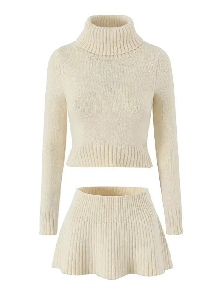 Turtleneck cropped flowing knit sweater with matching knit skirt set