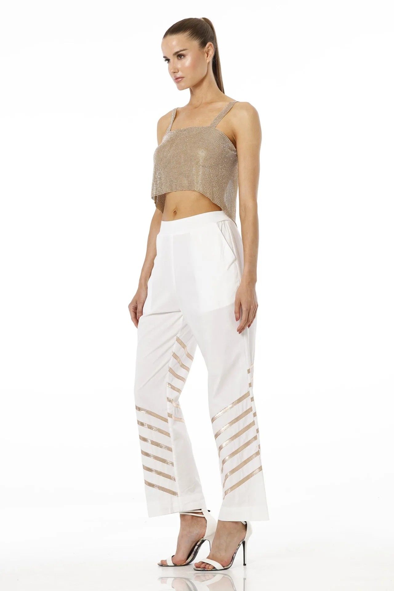 White & Gold Solid  Palazzo Pant