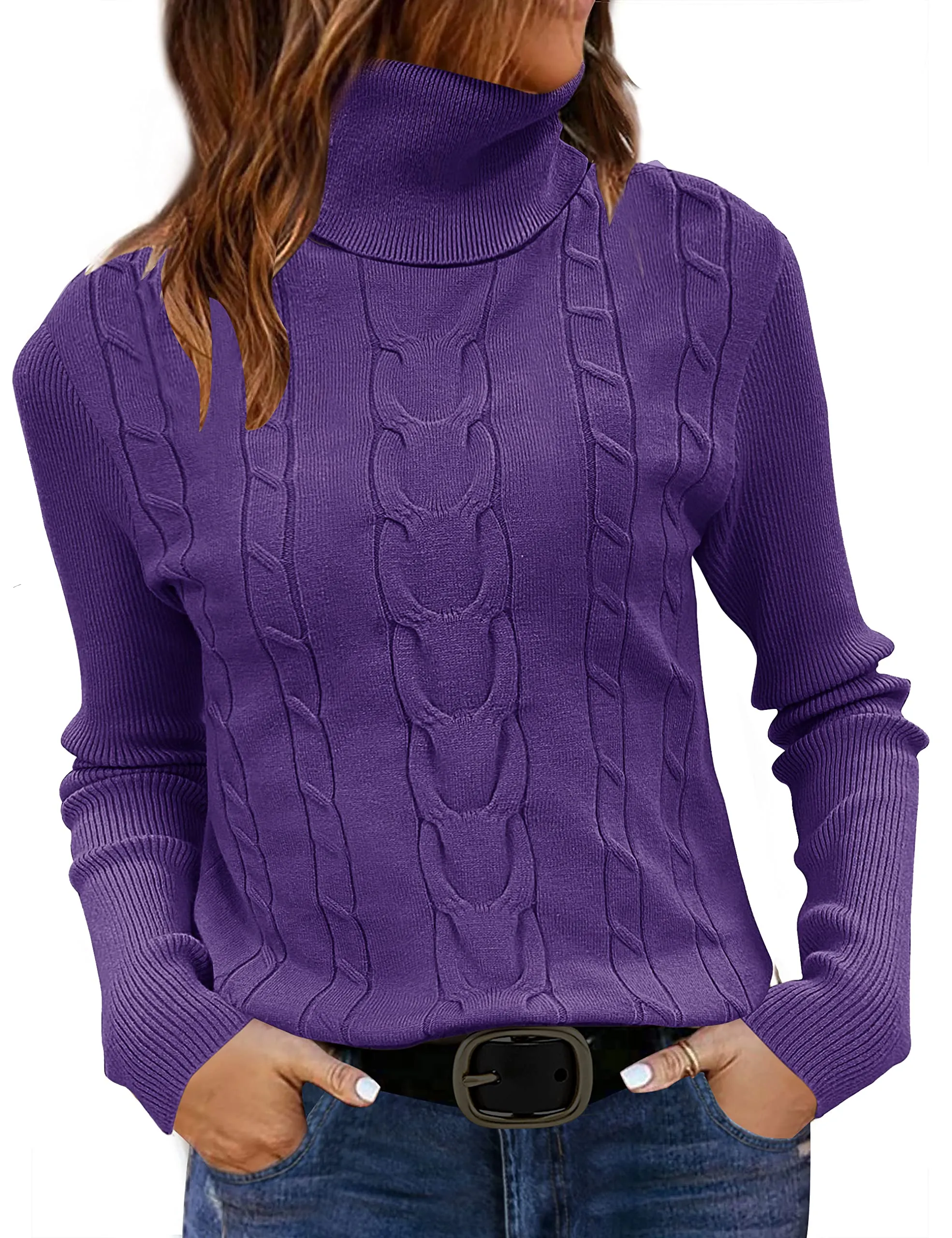 Womens 2024 Turtleneck Sweaters Cable Knit Long Sleeve Pullover Sweater Jumper